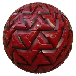 High-resolution red metallic PBR texture with interlocking triangular patterns for 3D modeling in Blender.