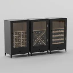 "3D model of a Wine Cabinet with glass doors for Blender 3D software. This luxury bespoke kitchen design features two wine coolers with bottles, a beautiful wooden frame in gunmetal grey, and meticulous attention to detail. Perfect for adding elegance and functionality to your virtual interior designs."