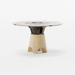 "Round wood grill table for Blender 3D - A circular restaurant table with a coat grill and wooden legs. Coherent design with burnt edges and a marble hole. Perfect addition to any 3D restaurant scene."