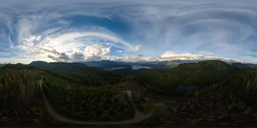 360-degree HDR panorama for CGI lighting with rolling hills, lush forests, and dynamic cloud formations.