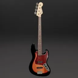 Detailed 3D rendering of a sunburst electric bass guitar, ideal for Blender 3D artists and model enthusiasts.