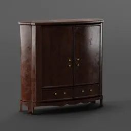 Detailed 3D model of an elegant, vintage-style armoire with polished wooden finish and brass handles.