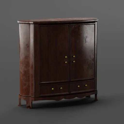 Detailed 3D model of an elegant, vintage-style armoire with polished wooden finish and brass handles.