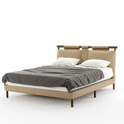 Mid-century leather walnut bed 3D model with pillows and duvet for Blender render.