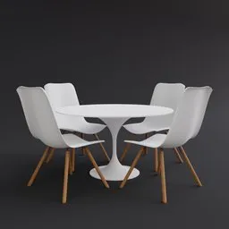 Realistic white round dining table 3D model with four modern chairs, suitable for Blender rendering projects.