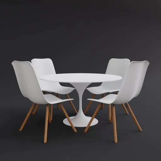 Realistic white round dining table 3D model with four modern chairs, suitable for Blender rendering projects.