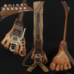 "Joboline Sasquatch Electric Guitar - a unique 3D model from the Instruments category in Blender 3D. Featuring realistic details such as wooden hands and strings on a black background, this guitar is equipped with Seymour Duncan pickups and a Bigsby B7 tremolo. Perfect for those who appreciate ecopunk, woodpunk, and speculative evolution styles."