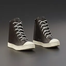 "Brown and white high top sneakers with laces on grey background. 4k textures, created using Blender 3D software. Perfect for footwear design and visualization."