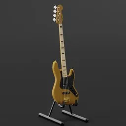 "High-quality Fender American Elite Jazz Bass 3D model for Blender 3D. Perfect for game assets and various 3D projects. Explore this realistic 3D representation inspired by Kuroda Seiki's design, featuring a maple finish with a golden background."