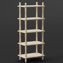 "Wooden decorative rack with four shelves for Blender 3D modeling. Made in 2019, inspired by Jørgen Nash and Johan Lundbye, this low-resolution model features detailed bonsai and salvia elements. Perfect for displaying books and other items on your virtual shelves."
