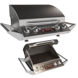 Detailed 3D rendering of a stainless steel hot plate with knobs and digital display, ideal for Blender 3D restaurant and bar scenes.
