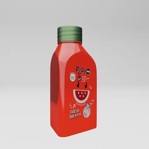Red low poly 3D bottle model with playful design optimized for Blender rendering and UV mapping.