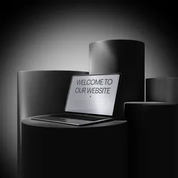 3D-rendered laptop with light rays on pedestal for digital showcase in Blender.