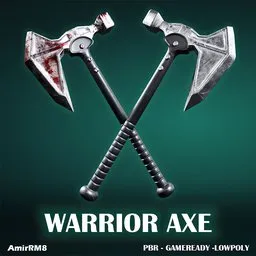 "A high-quality 3D model of a historic military Warrior Axe in Blender 3D, featuring two different versions and optimized textures. Perfect for action-packed VR gaming, inspired by Mārtiņš Krūmiņš and with a heroic Gimli-like character's profile image. Created by Airborn Studios for Playrix Games, and featuring symbolization and a pickaxe, with close up shots of two axes and blood on a green background."