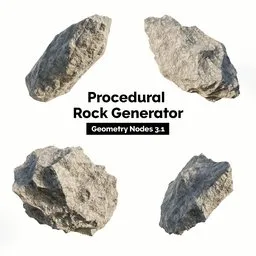 "Procedural Rock Generator: A versatile and dynamic 3D model for Blender 3D. Create an array of rocks and cobbles with customizable parameters, thanks to Geometry Nodes 3.1. Experience the power of this procedural rock shader to enhance your environment elements in a visually stunning and natural way."