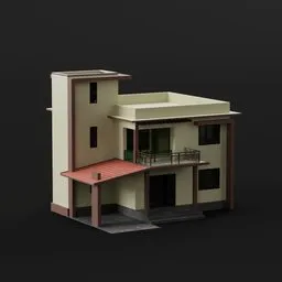 Kerala style modern 3D house model with balcony and carport, suitable for Blender rendering.