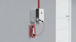 Realistic 3D model of an electric vehicle charging wall box with cable, designed for Blender 3D, in an industrial setting.