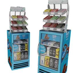 Detailed Blender 3D render of a commercial chocolate fridge with assorted treats, ideal for realistic scene building.