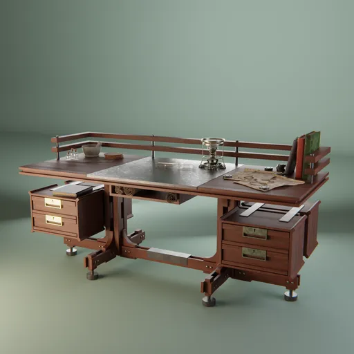 Detailed 3D alchemy workbench model with equipment and drawers rendered in Blender, suitable for medieval scene setups.