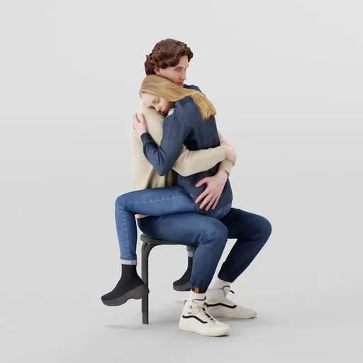 Detailed 3D model of embracing couple, man seated, with lifelike clothing textures, compatible with Blender.