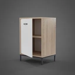 "Modern small commode with metal legs - 3D model for Blender 3D. One door cabinet with shelf, created by An Gyeon in 2019. Perfect for small spaces and modern interiors."