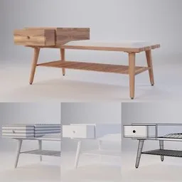 "Get the best of both worlds with this mid-century modern-inspired Sofa Stool with Shoe Rack, perfect for decluttering your space. Featuring a comprehensive 2D render in Blender 3D, this professional portfolio piece is available in various styles and includes props like trees. Disassembled into three views, its official product image showcases its white sketch lines and 80x40x38 dimensions."