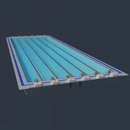 "Commercially ready, untextured 3D model of a 50 meter swimming pool with blue and red lines, created for use in stadium scenes, modeled in Blender 3D."