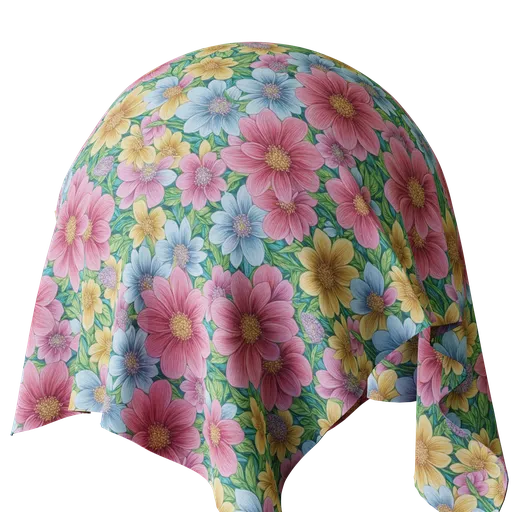 Mix of pastel-colored flowers on a 4K PBR floral fabric texture for 3D rendering in Blender and other software.