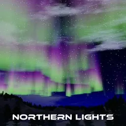 3D-rendered night landscape with customizable aurora borealis using Blender volumetric shaders.