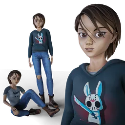 3D model of a young female character with hoodie and jeans, ready for animation in Blender.