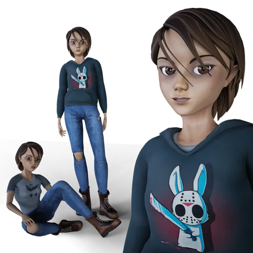 3D model of a young female character with hoodie and jeans, ready for animation in Blender.