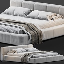 "3D model of a sleek and modern "Bed Saba Italia Pixel" with white and grey tones, detailed with pillows and blanket. Designed in Blender 3D with 340,151 polys and dimensions of 254x243x75cm. Perfect for interior design and architecture projects."