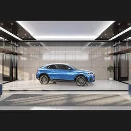 Realistic 3D car showroom scene with professional lighting for Blender 3.3+ visualization.