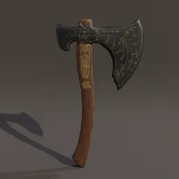 Detailed 3D axe model inspired by Kratos with ornate blade designs, Blender 3D ready.