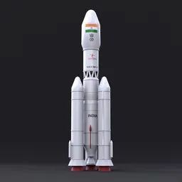 "ISRO GSLV MK III Rocket Launch Vehicle - A fully detailed 3D model of the Indian Space Research Organisation's rocket with a flag, featuring Hindi text. This Blender 3D animation showcases a close-up, front view of the epic-scale, aluminum-based spacecraft. Optimized for Google Image search for 3D models in Blender 3D software."
