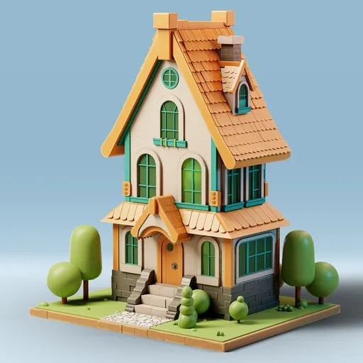 Detailed Blender 3D cartoon-style house with orange tiles, greenery, and stylized features for digital modeling.