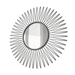 "Mirror Metal Black 3D model in Blender 3D - 50cm diameter, with metal frame and sunburst design. Flat 2D design with thin spikes and beautiful round face. 13k faces, perfect for table light or decorative use."