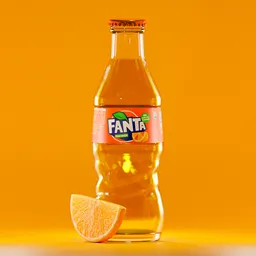 Realistic 3D rendered Fanta bottle with orange slice against vibrant yellow backdrop.