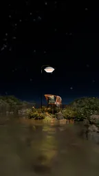 3D-rendered chair under streetlamp by water at night, ideal for creative advertisement.