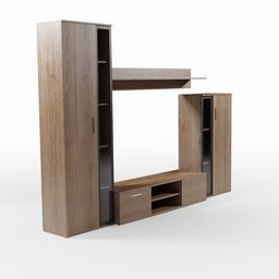 Detailed wooden 3D model of living room furniture, perfect for use in Blender rendering.