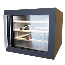 Realistic 3D model of built-in wine cooler with transparent glass door, wooden shelves, and sleek design, ideal for Blender rendering.