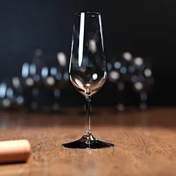 Elegant 3D-rendered flute glass on wooden surface for Blender rendering projects, showcasing detailed design and clear material.