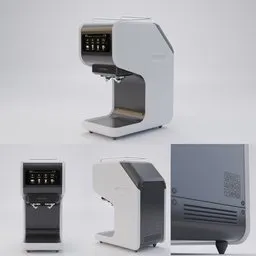 "Auto Coffee Maker Concept 3D model for Blender 3D - Clean and pristine design with technical drawings. Features a coffee cup and comes in ice color scheme and black white gold option. Perfect for retro arcade and modern art station setups."
