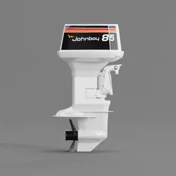 "Render of a Johnson Outboard for boats in Blender 3D, featuring a black design and mounted on a gray surface. This 3D model is inspired by Johan Lundbye and includes features such as shortbow and racing simulator capabilities. Created by Chippy, ISO 125, with a white background and set in fjords in 1985."