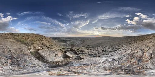 Panoramic view of rugged terrain and vibrant sunset for 3D scene lighting.