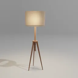Detailed 3D model of a modern floor lamp with a beige shade and wooden tripod stand, compatible with Blender.