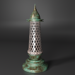 "Green metal and moroccan-style lantern 3D model for Blender 3D, with high detail and old roman-inspired design. Textured in Substance Painter for added realism."