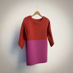 "3D model of Long Sleeve on Pink and Red Wooden Coat Hanger, perfect for wardrobe and room decoration. Created with Blender 3D software, this cloth decoration features solid colored shapes and modern attire. Inspired by Carl-Henning Pedersen, captured in-game and rendered in Redshift for a cute and colorful look."