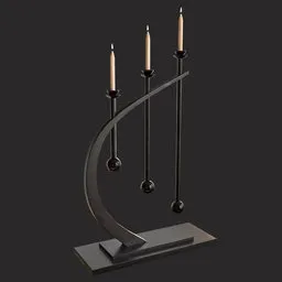 Elegant triple candle 3D model, Blender ready, featuring a sleek iron stand with modern design elements on a dark backdrop.