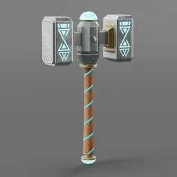 Detailed lowpoly 3D hammer model with intricate metal texture, ideal for Blender game asset or VR, with cyan accents on handle.